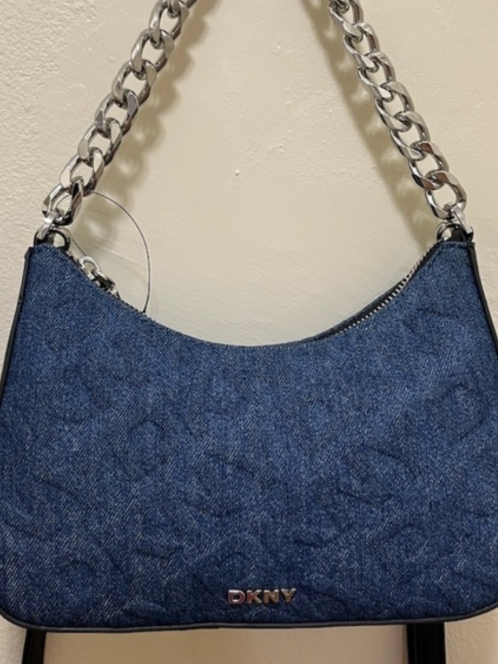 DKNY Dark Blue Denim Shoulder Bag with Silver Chain Strap
